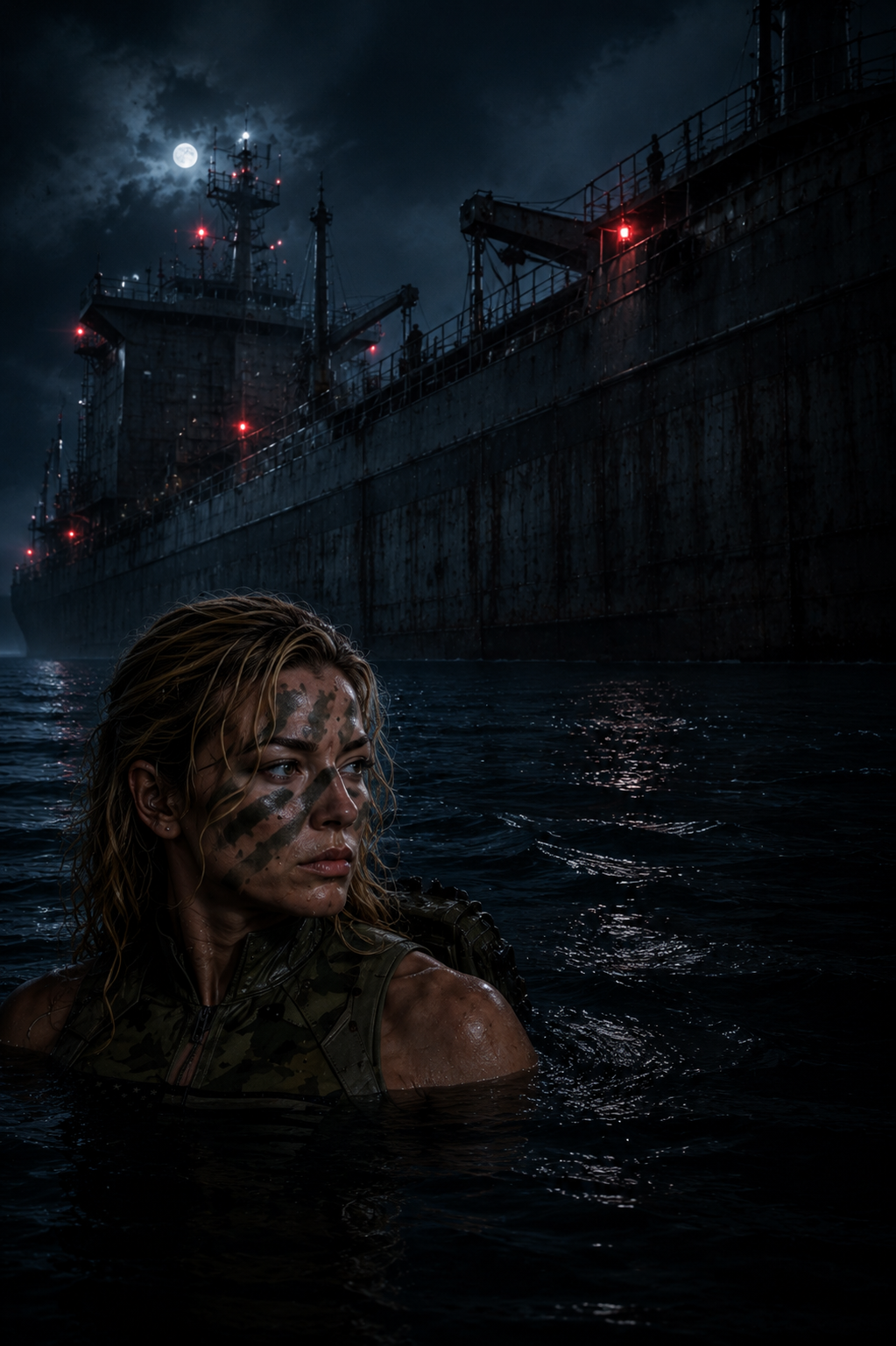 Jennifer Greene approaching the Russian ghost ship during a nighttime mission