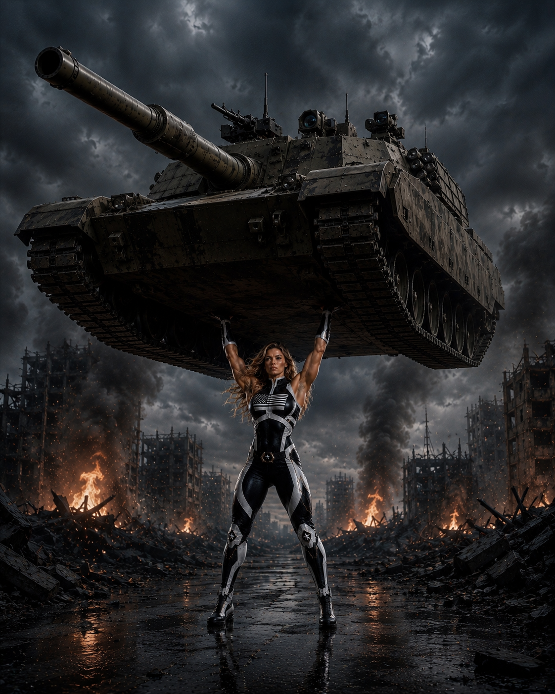 J-50 demonstrating her extraordinary strength by lifting a military tank